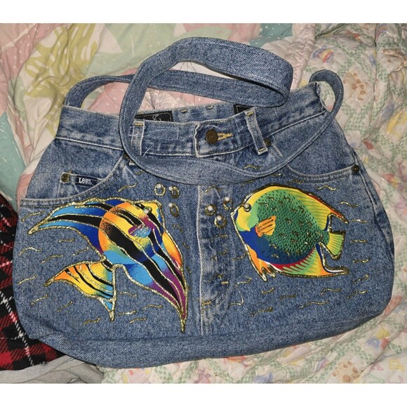 Upcycled Lee Denim Bohemian Shoulder Bag / Purse Hand Painted Textured Fish - Picture 1 of 2